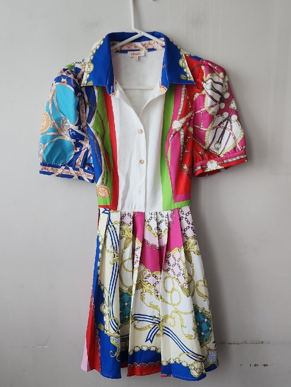 Colorblock Chain-Print Midi Dress with Belt. New Without Tag - Picture 11 of 12